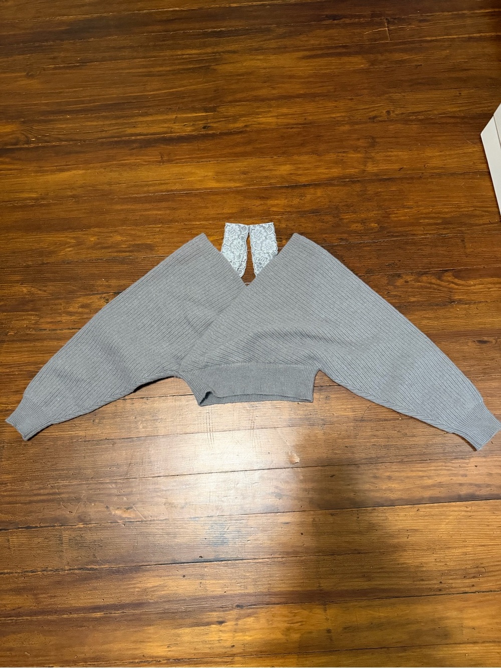 SHEIN Gray Off-the-Shoulder Lace-Back Cropped Sweater